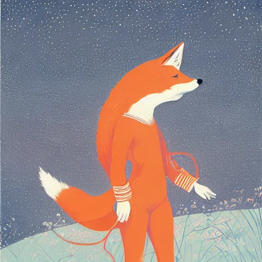 Image similar to little girl dressed as a fox on the prowl oil painting victo ngai