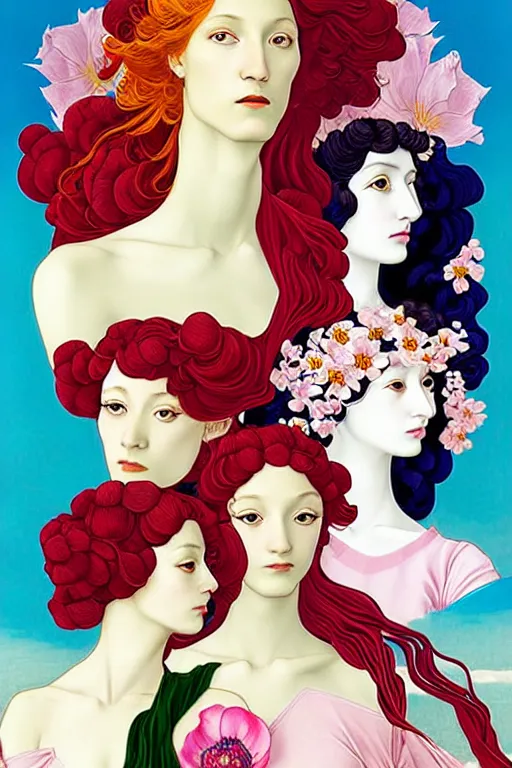 Image similar to 3 Spring Muses symbolically representing March, April, and May, in a style blending Æon Flux, Peter Chung, Shepard Fairey, Botticelli, Ivan Bolivian, and John Singer Sargent, inspired by pre-raphaelite paintings, shoujo manga, and cool Japanese street fashion, dramatically blossoming flora and fauna, petals falling everywhere, pastel vivid triad colors, hyper detailed, super fine inking lines, ethereal and otherworldly, 4K extremely photorealistic, Arnold render