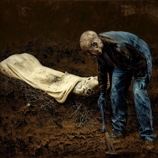 Image similar to one man in a cemetery digging up a dead body, by nicola samori, painting, 8 k, high detail, medium blue, orange, and dark green tones, high quality, sad feeling, high detail, dark colors, sinister atmosphere, dramatic lighting, cinematic, establishing shot, extremely high detail, photo realistic, cinematic lighting, album cover