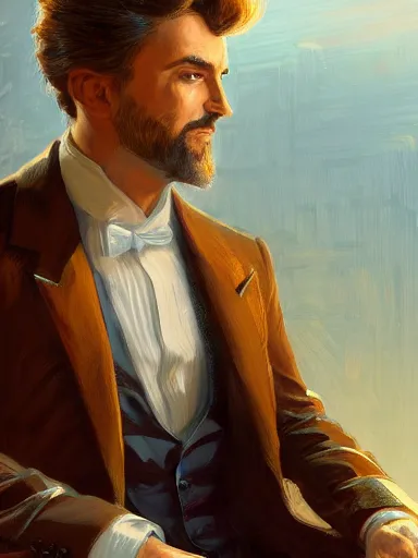 Prompt: a rich man smirking. relaxed in his chair with crossed arms. intricate, elegant, highly detailed, digital painting, artstation, concept art, sharp focus, illustration, by justin gerard and artgerm, 8 k