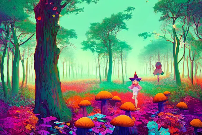 Image similar to alice in wonderland digital illustration by ilya kuvshinov, colorful surreal psychedelic mushroom forest by beeple