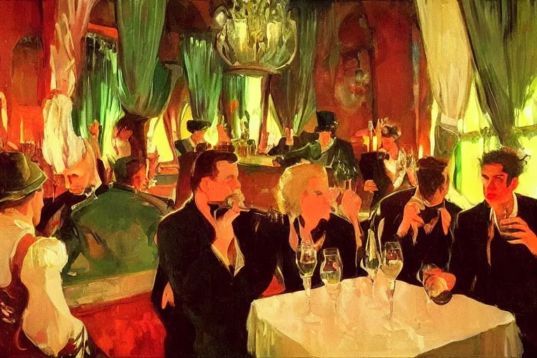 Prompt: glam rockers drinking wine, inside a green saloon with red lights by joaquin sorolla, greg rutkowski, bill sienckiwicz, extremely detailed