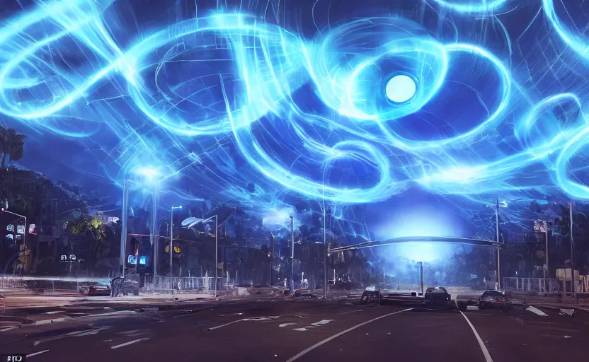 Image similar to people with posters attacking cops, a huge blue spiral - shaped white luminous attractor is floating on the horizon near the sun, stores in los angeles with light screens all over the street, concept art, art for the game, professional lighting, dark night lighting from streetlights