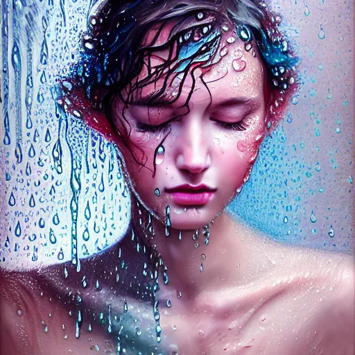 Image similar to portrait of girl in uniquely colored rain with wet hair and face, liquid drops, revelation, epiphany, bliss, fantasy, intricate, elegant, dramatic lighting, highly detailed, lifelike, photorealistic, digital painting, artstation, concept art, smooth, sharp focus, illustration, art by John Collier and Albert Aublet and Krenz Cushart and Artem Demura and Alphonse Mucha