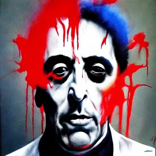 Image similar to al pacino's devilish version, red skin. black eyes. grunge, horror, dmt, dark and muted colors, detailed airbrush art, by yves klein