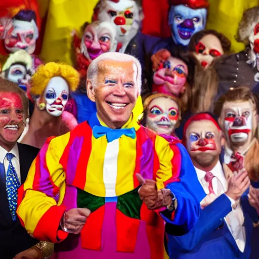 Image similar to A grand circus with Joe Biden in the middle wearing clown costume and colorful clown makeup