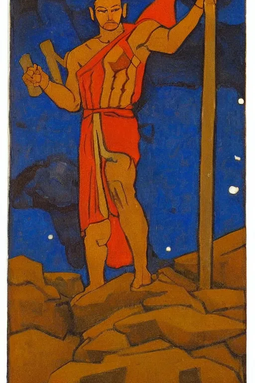 Image similar to thor with hammer, marvel, artwork by nicholas roerich,