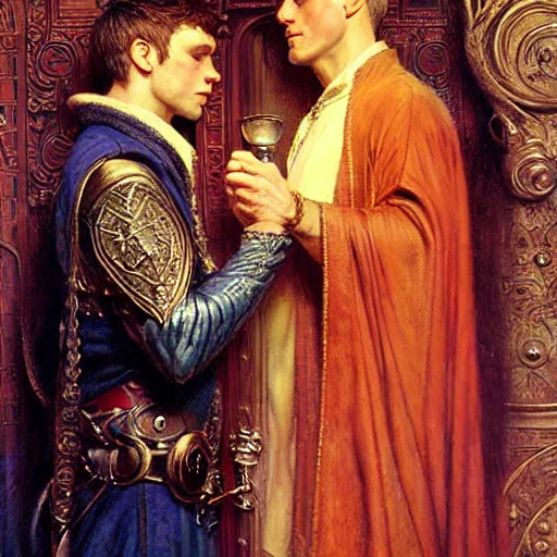 Image similar to handsome arthur pendragon in love with handsome merlin the mage. merlin is also in love with arthur. highly detailed painting by gaston bussiere, craig mullins, j. c. leyendecker