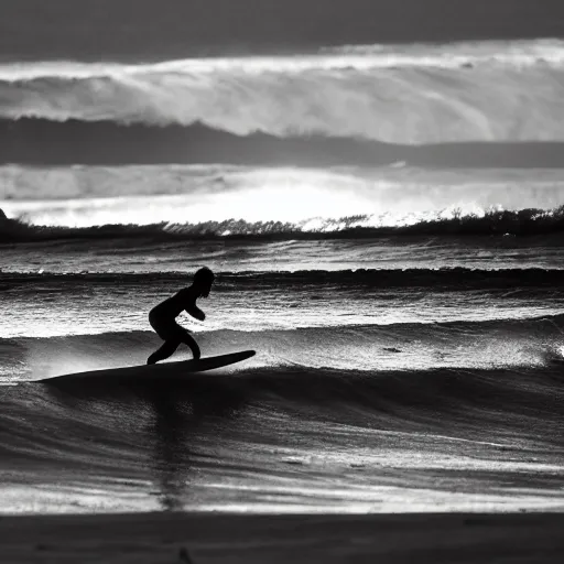 Prompt: a cyborg wearing welding goggles surfs a wave in waimea bay on a 1 0 - foot wooden longboard at sunset, black and white film photograph.