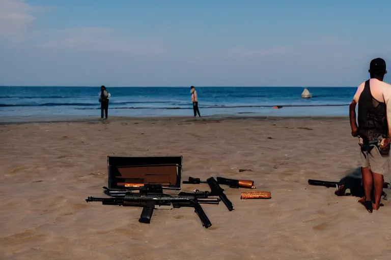 Image similar to photograhy of a guy selling guns in the beach, 4k