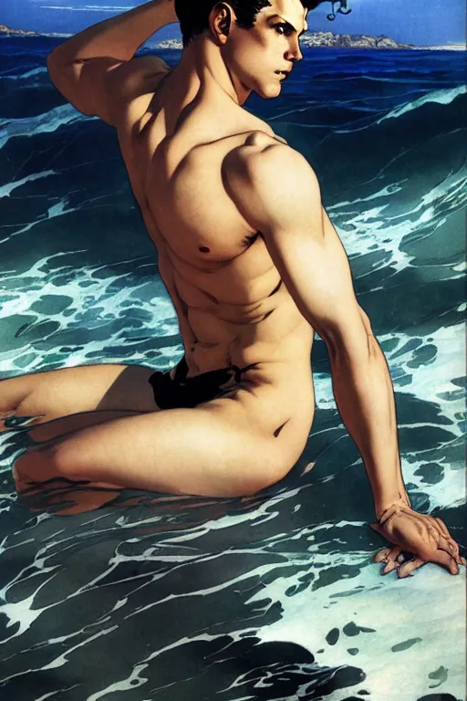 Image similar to attractive man in the ocean, painting by j. c. leyendecker, yoji shinkawa, katayama bokuyo