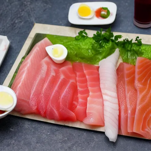 Image similar to digging board full of sashimi, sausages and hardboiled eggs