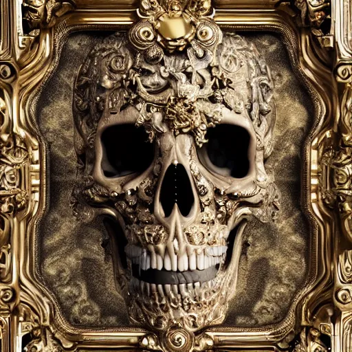 Image similar to a portrait of a beautiful ornate and intricate rococo skull with silver and gold details and diamonds inside a rococo frame, 4k, octane render, vray, unreal engine, photorealistic