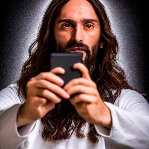 Prompt: jesus christ taking a selfie and posing for a photo, award winning photography, hdr, studio lighting, dynamic pose, medium close shot, shot on canon eos r 5, f / 2. 5,