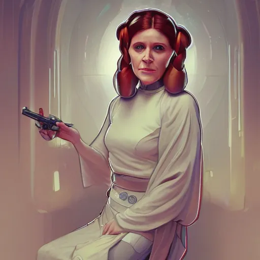 Image similar to Carrie Fisher as Princess Leia, ambient lighting, 4k, alphonse mucha, lois van baarle, ilya kuvshinov, rossdraws, artstation