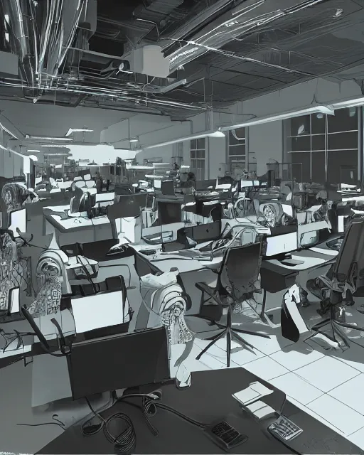 Image similar to call center in the style of the tv show, hyper realistic, ambient lighting, concept art, intricate, hyper detailed, smooth, volumetric lighting, octane