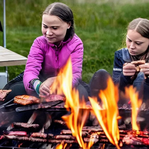 Prompt: photo of greta thunberg having a bbq