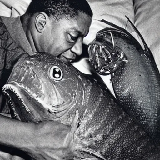 Image similar to john coltrane snuggling a scary loving angler fish in bed