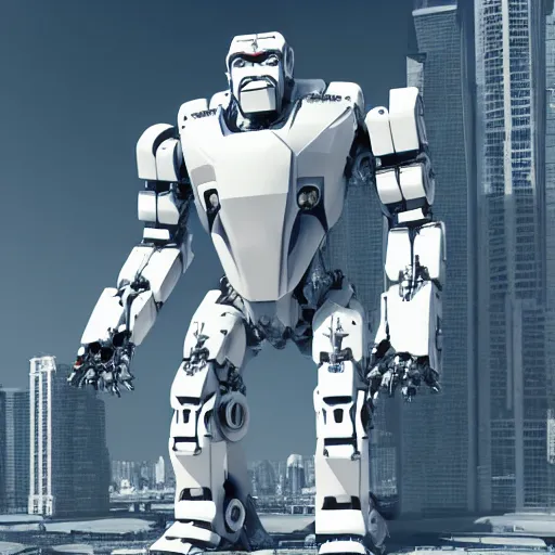 Image similar to huge full body white metalic gorilla mecha, with gorilla face, futuristic dystopian, mean, evil, isolated, with tiny human beside, ambient occlusion, 8k render, cg render, hyper real, realistic, octane