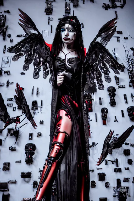 Image similar to full-body cyberpunk style sculpture of a young beautiful dark priestess, half android with a head opening exposing circuitry, glowing red eyes, black roses, flowing blood-red colored silk, fabric, candles. baroque elements, human skull, full-length view. baroque element. intricate artwork by Caravaggio. crows flying in background. Trending on artstation, octane render, cinematic lighting from the right, hyper realism, octane render, 8k, depth of field, 3D