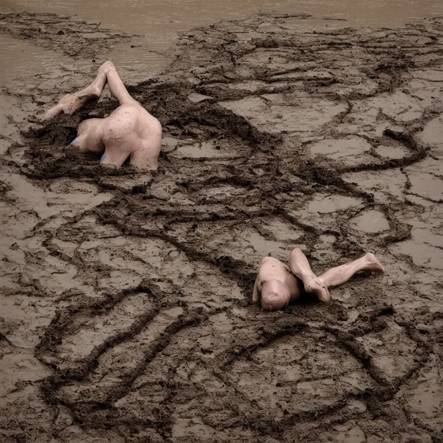 Prompt: Fine-art contemporary artwork titled: 'Crawling in the Mud