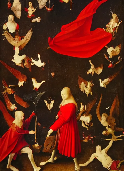 Image similar to flying fallen angels dressed in red with wings by Jan van Eyck, Hieronymus Bosch, Johannes Vermeer 4k post-processing, highly detailed medieval painting