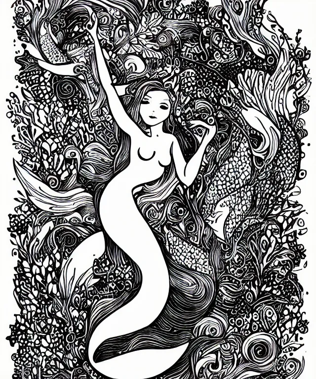 Prompt: black and white illustration, creative design, beautiful mermaid with fishes