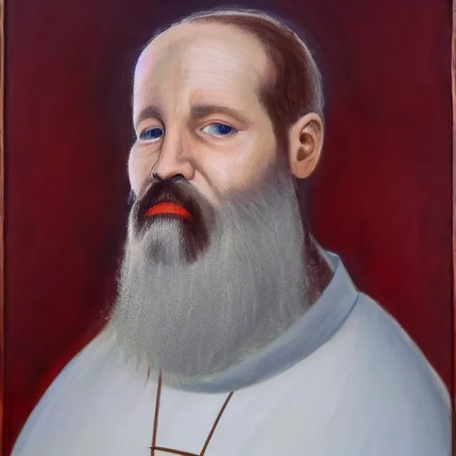 Image similar to Impressive portrait of a Catholic priest with scarlet hair, a beard, and brilliant silver eyes. Oil on canvas.