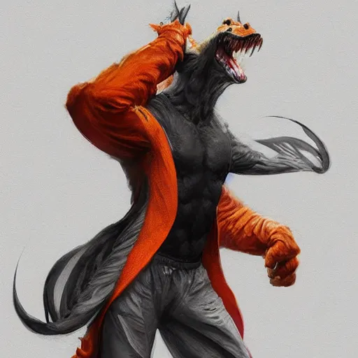 Image similar to a award winning commission portrait of a fit anthro dragon wearing an orange tracksuit,digital art,art by greg rutkowski,character design by charles bowater,detailed face,hyperdetailed,photorealistic,artstation,deviantart,4k,western comic art,sharp,high definition