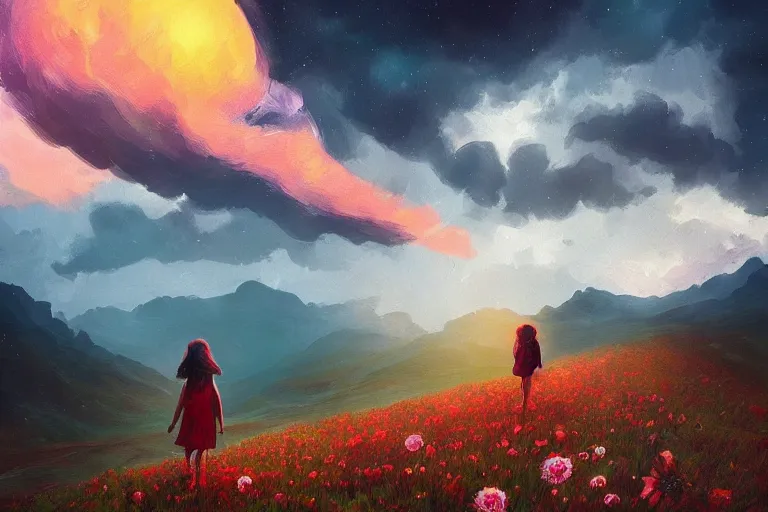 Image similar to giant dahlia flower over head, girl walking on mountain, surreal photography, stars, dramatic light, impressionist painting, storm clouds, digital painting, artstation, simon stalenhag