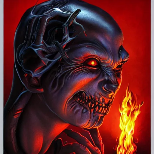 Image similar to doom demon giger portrait, fire and flame, Pixar style, by Tristan Eaton Stanley Artgerm and Tom Bagshaw.