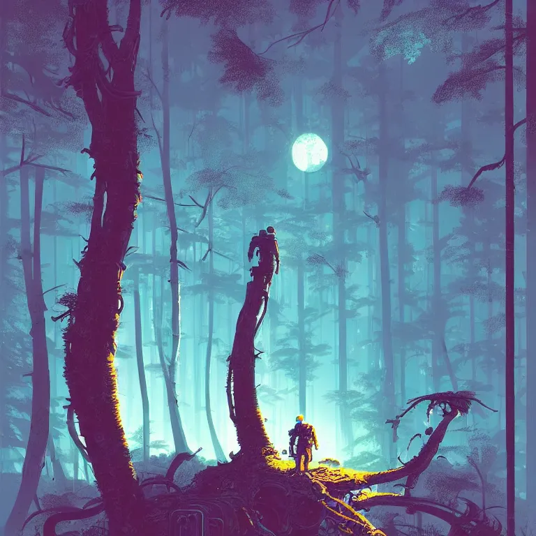 Prompt: illustration of a futuristic astronaut in a forest, highly detailed, by James Gilleard and Bruce Pennington