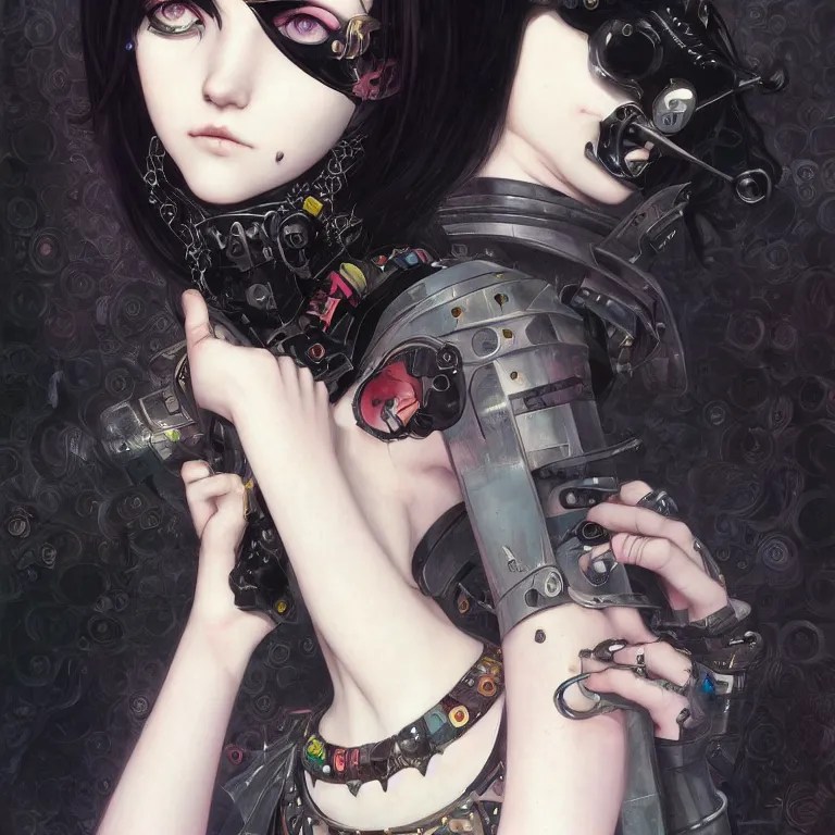 Image similar to portrait of beautiful young goth babe, cyberpunk, Warhammer, highly detailed, artstation, illustration, art by Gustav Klimt and Range Murata and Ilya Kuvshinov and Sakimichan