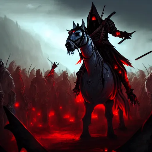 Image similar to a dark hooded general with glowing red eyes rides his horse above an army of zombies and ghouls, dark, D&D, Fantasy, MTG, heroic, Artstation, silhouette