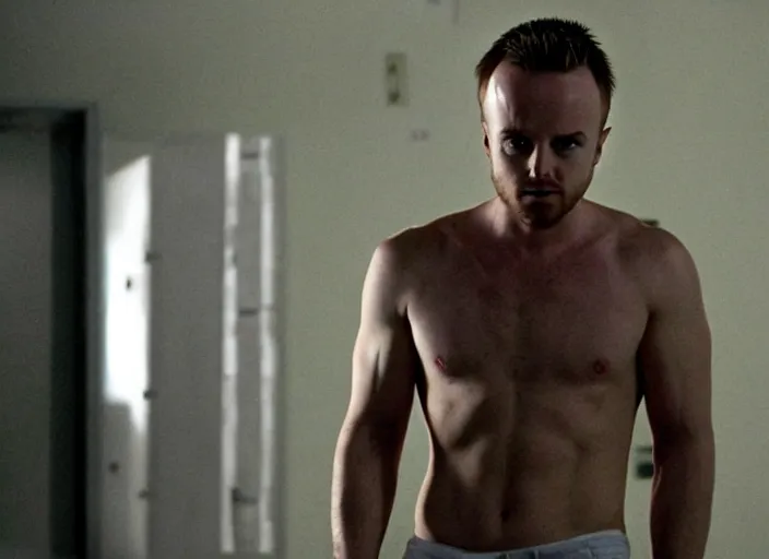 Prompt: extremely muscular Jesse Pinkman, upper body shot, movie still, photorealistic, shot by Vince Gilligan