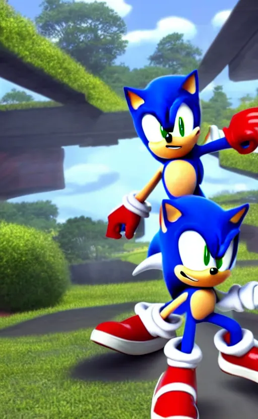 Image similar to super super super epic cinematic shot of sonic the hedgehog eating a chili dog, sonic unleashed, apotos day town, 8k miyazaki anime scene, green eyes, red shoes, ++++++ super super super dynamic, concept photos, dynamic lighting, dynamic shaders, sunny day, amazing quality