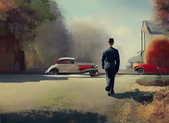 Prompt: landscape, a realistic portrait and realism, a humanoid car walking in 1 9 3 0 s clothes, fine art, sharp focus, a house with ten flats, digital art, bright colors, trending on artstation, unreal engine.