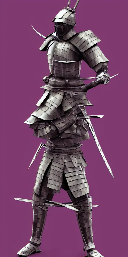 Prompt: samurai warrior in armor, 3 d render, polygonal, geometric, lilac background, vaporwave, hd, 4 k, poster