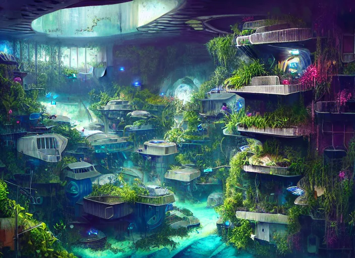 Image similar to overgrown favela spaceship cathedral, underwater environment, scenery, professional, award - winning, trending on artstation, hyper detailed, realistic, beautiful, emotional, shiny, colorful, picture