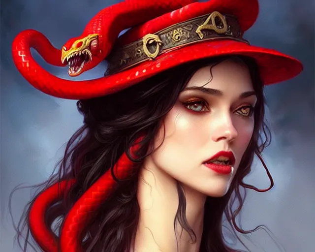 Prompt: red hat wizard woman with snakes in her dark hair, hydra, deep focus, d & d, fantasy, intricate, elegant, highly detailed, digital painting, artstation, concept art, matte, sharp focus, illustration, hearthstone, art by artgerm and greg rutkowski and alphonse mucha