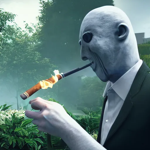 Image similar to Slenderman smoking a cigarre and talking with a grumpy Old Man, Superrealistc, 4k, HD, Unreal Engine, Raytracing, Photorealistic