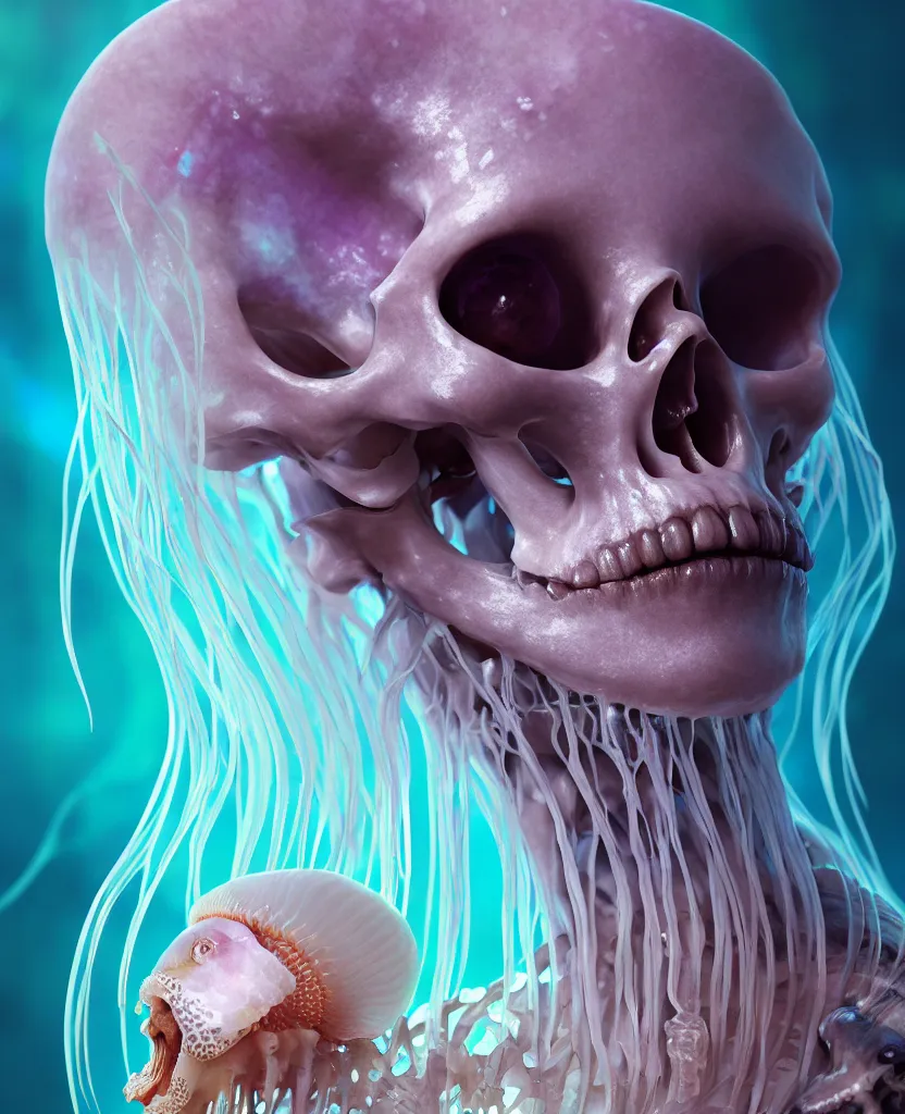 Image similar to goddess close - up portrait human skeleton, ram skull, jellyfish, orchid, betta fish, bioluminiscent, intricate artwork by tooth wu and wlop and beeple. octane render, trending on artstation, greg rutkowski very coherent symmetrical artwork. cinematic, hyper realism, high detail, octane render, 8 k