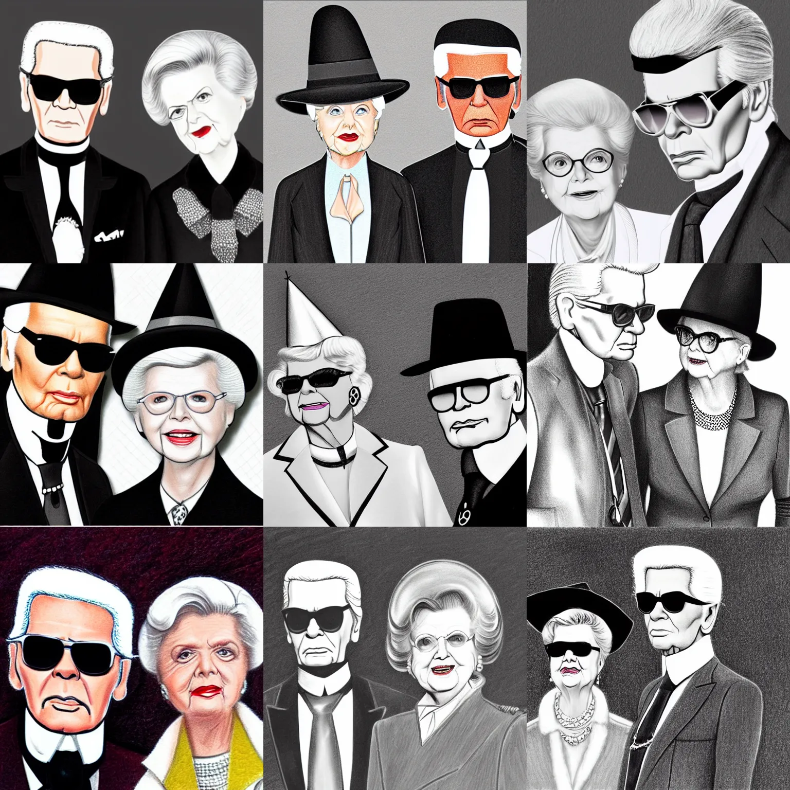 Prompt: a detailed pencil illustration of Karl Lagerfeld and Jessica Fletcher wearing matching party hats