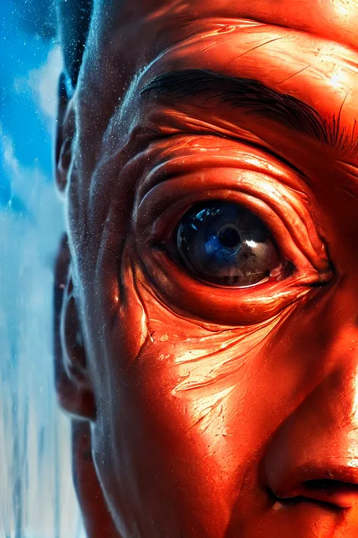 Prompt: hyperrealistic close-up graffiti! exoskeleton!! chinese man highly detailed concept art eric zener elson peter cinematic hard orange lighting high angle hd 8k sharp shallow depth of field