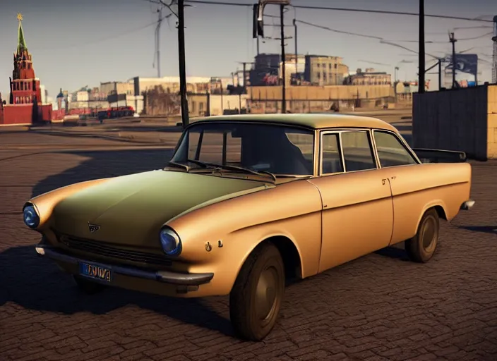 Image similar to hyperrealistic matte painting of gta game in moscow, 1 9 6 0, playstation 5 screenshot, man in adidas, mega details, golden hour, beautiful rtx reflections, soviet suburbs, photorealistic, unreal engine 5, octane render, volumetric light, featured on cg society, 4 k, 5 0 mm bokeh, russian lada car, artstation