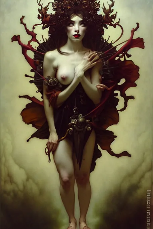 Image similar to baroque oil painting of full body vampire princess portrait, by nekro, peter mohrbacher, alphonse mucha, brian froud, yoshitaka amano, kim keever, victo ngai, james jean