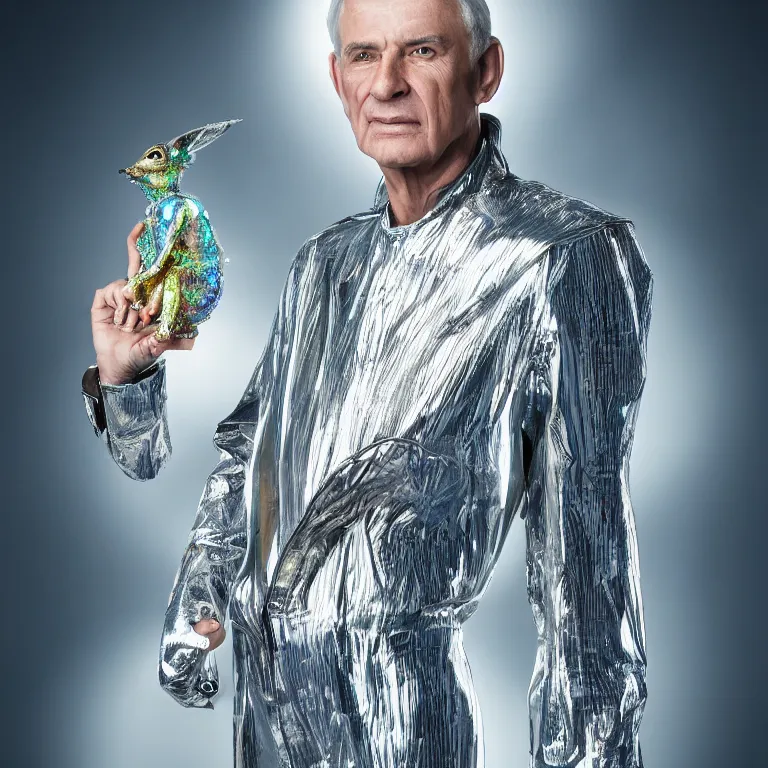 Prompt: high fashion photoshoot octane render portrait by wayne barlow and carlo crivelli and glenn fabry, a distinguished sci - fi futuristic wizard wearing a clear plastic iridescent jacket and holding a magical critter while standing inside a futuristic beautiful boutique hotel lobby, very short depth of field, bokeh