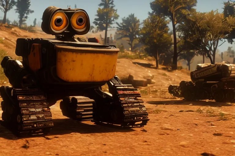 Image similar to wall - e in red dead redemption 2, heavy detailed, ultra high definition quality, rdr 2 game engine graphics