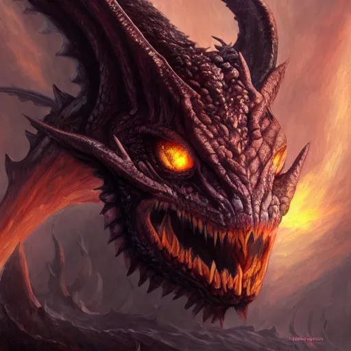 Image similar to oil painting of dragon forest, dnd character, fantasy, realistic textured skin, balrog head, glowing eyes, sharp focus, artgem, boris valejo, frank frazetta, heavy metal style, trending on artstation, digital painting, julie bell, beautiful, very detailed,