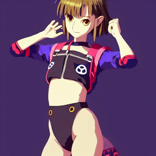 Image similar to beautiful boyish natalie portman gravure model in majora's mask, wearing big mayan bomber jacket with overalls and leotard, big bomber jacket with subtle mayan patterns, aztec bathing suit, gapmoe yandere grimdark, trending on pixiv fanbox, painted by greg rutkowski makoto shinkai takashi takeuchi studio ghibli, akihiko yoshida